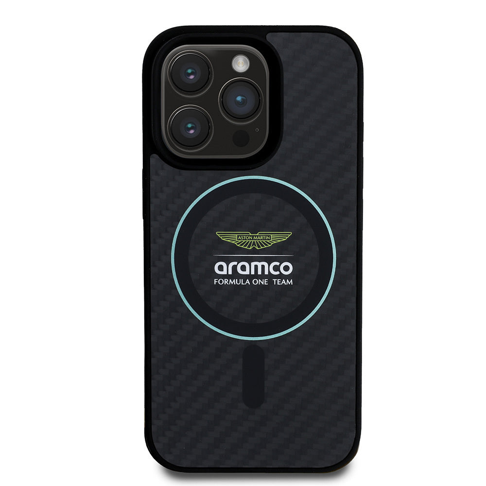 Apple iPhone 16 Pro Max Kılıf Aston Martin Orjinal Lisanslı M-safe Şarj Özellikli Renkli Halka ve Karbon Fiber Tasarımlı Kapak Siyah-Yeşil