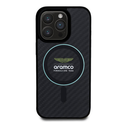 Apple iPhone 16 Pro Max Kılıf Aston Martin Orjinal Lisanslı M-safe Şarj Özellikli Renkli Halka ve Karbon Fiber Tasarımlı Kapak Siyah-Yeşil