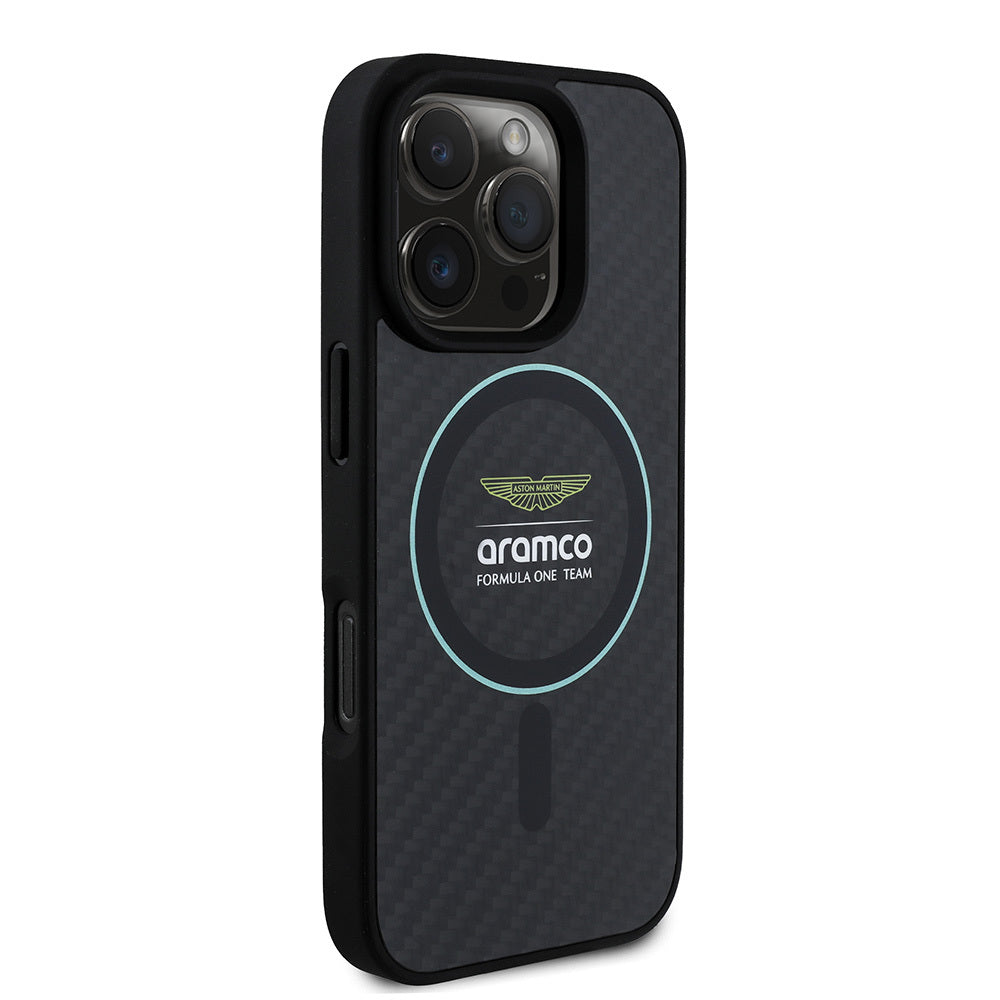 Apple iPhone 16 Pro Max Kılıf Aston Martin Orjinal Lisanslı M-safe Şarj Özellikli Renkli Halka ve Karbon Fiber Tasarımlı Kapak Siyah-Yeşil