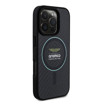Apple iPhone 16 Pro Max Kılıf Aston Martin Orjinal Lisanslı M-safe Şarj Özellikli Renkli Halka ve Karbon Fiber Tasarımlı Kapak Siyah-Yeşil