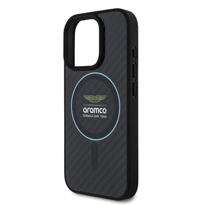 Apple iPhone 16 Pro Max Kılıf Aston Martin Orjinal Lisanslı M-safe Şarj Özellikli Renkli Halka ve Karbon Fiber Tasarımlı Kapak Siyah-Yeşil
