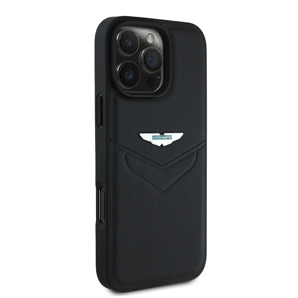 Apple iPhone 16 Pro Max Kılıf Aston Martin Orjinal Lisanslı Victory Dizayn PU Deri Metal Logolu Kapak Siyah