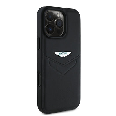 Apple iPhone 16 Pro Max Kılıf Aston Martin Orjinal Lisanslı Victory Dizayn PU Deri Metal Logolu Kapak Siyah