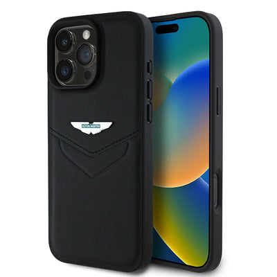 Apple iPhone 16 Pro Max Kılıf Aston Martin Orjinal Lisanslı Victory Dizayn PU Deri Metal Logolu Kapak Siyah