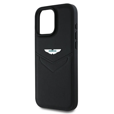 Apple iPhone 16 Pro Max Kılıf Aston Martin Orjinal Lisanslı Victory Dizayn PU Deri Metal Logolu Kapak Siyah