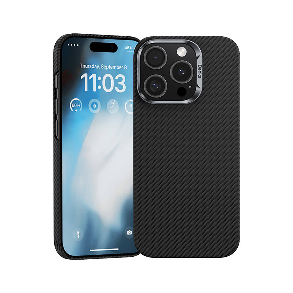 Apple iPhone 16 Pro Max Kılıf Benks Magsafe Şarj Özellikli Magnetik ArmorAir 600D Kevlar Fiber Kapak Siyah