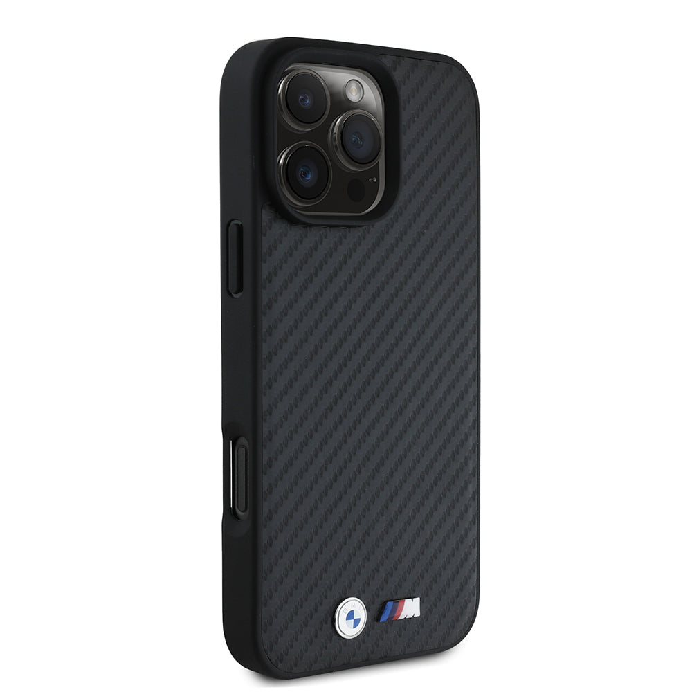 iPhone 16 Pro Max Kılıf BMW Orjinal Lisanslı Karbon Fiber Tasarımlı ve Metal Logolu PU Deri Kılıf