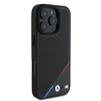 iPhone 16 Pro Max Kılıf BMW Orjinal Lisanslı M-safe Şarj Özellikli M Logolu Üç Çizgili Delikli Deri Kılıf