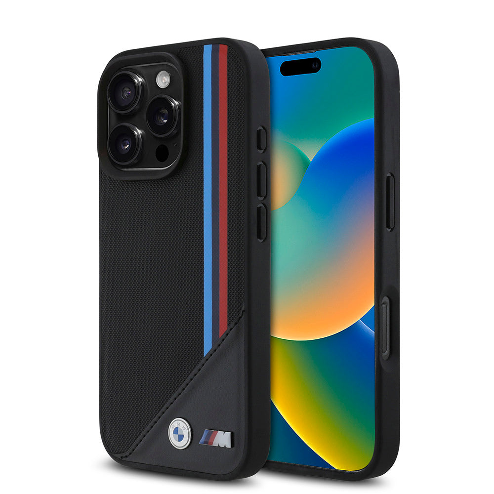 Apple iPhone 16 Pro Max Kılıf BMW Orjinal Lisanslı Magsafe Şarj Özellikli M Logolu Üç Çizgili Dikiş Detaylı Meshed Tricolor Stripes Kapak Siyah