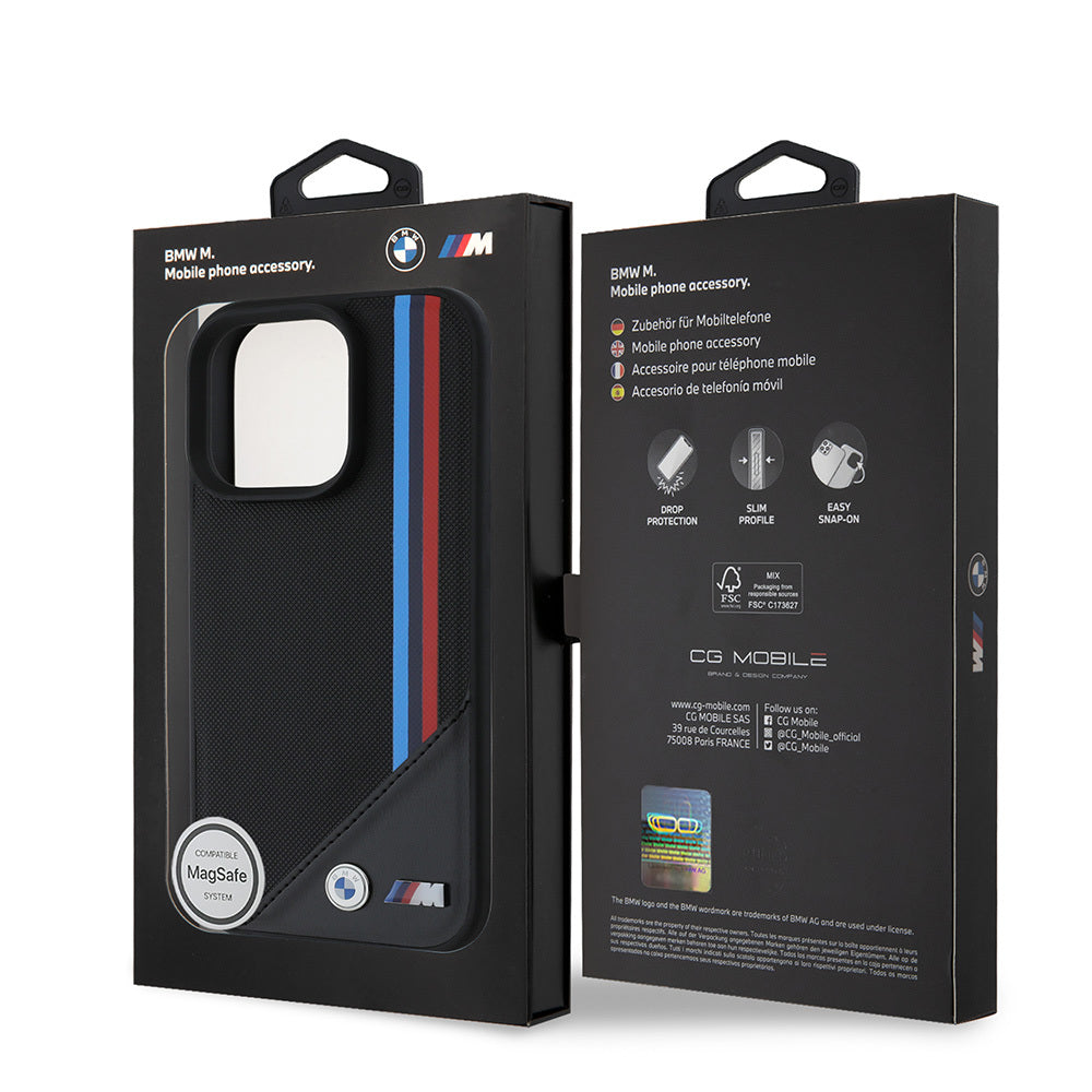 Apple iPhone 16 Pro Max Kılıf BMW Orjinal Lisanslı Magsafe Şarj Özellikli M Logolu Üç Çizgili Dikiş Detaylı Meshed Tricolor Stripes Kapak Siyah