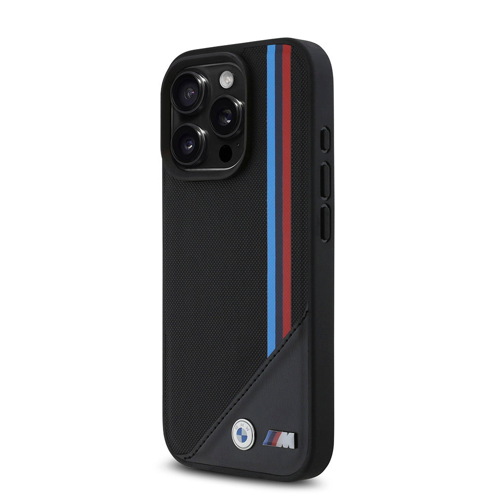 Apple iPhone 16 Pro Max Kılıf BMW Orjinal Lisanslı Magsafe Şarj Özellikli M Logolu Üç Çizgili Dikiş Detaylı Meshed Tricolor Stripes Kapak Siyah
