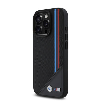 Apple iPhone 16 Pro Max Kılıf BMW Orjinal Lisanslı Magsafe Şarj Özellikli M Logolu Üç Çizgili Dikiş Detaylı Meshed Tricolor Stripes Kapak Siyah