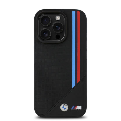 iPhone 16 Pro Max Kılıf BMW Orjinal Lisanslı M-safe Şarj Özellikli M Logolu Üç Çizgili Dikiş Detaylı Meshed Tricolor Stripes Kılıf