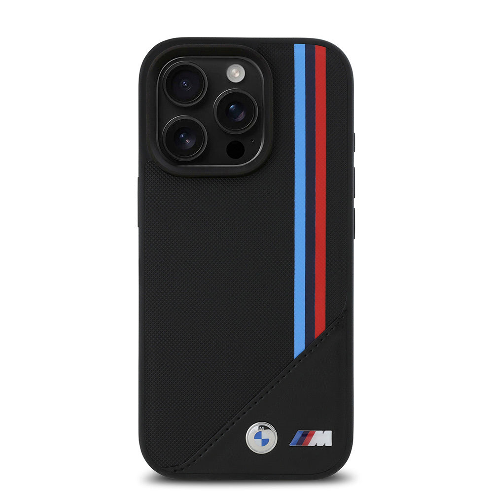Apple iPhone 16 Pro Max Kılıf BMW Orjinal Lisanslı Magsafe Şarj Özellikli M Logolu Üç Çizgili Dikiş Detaylı Meshed Tricolor Stripes Kapak Siyah