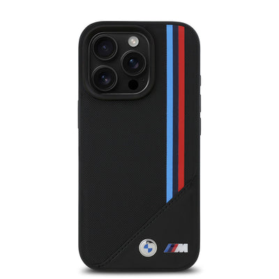 Apple iPhone 16 Pro Max Kılıf BMW Orjinal Lisanslı Magsafe Şarj Özellikli M Logolu Üç Çizgili Dikiş Detaylı Meshed Tricolor Stripes Kapak Siyah