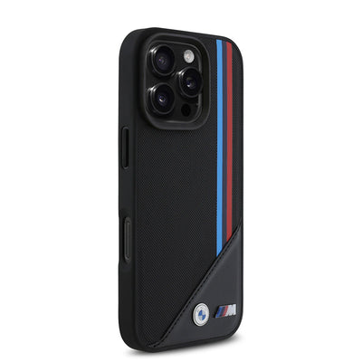 Apple iPhone 16 Pro Max Kılıf BMW Orjinal Lisanslı Magsafe Şarj Özellikli M Logolu Üç Çizgili Dikiş Detaylı Meshed Tricolor Stripes Kapak Siyah