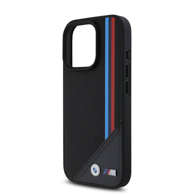 Apple iPhone 16 Pro Max Kılıf BMW Orjinal Lisanslı Magsafe Şarj Özellikli M Logolu Üç Çizgili Dikiş Detaylı Meshed Tricolor Stripes Kapak Siyah