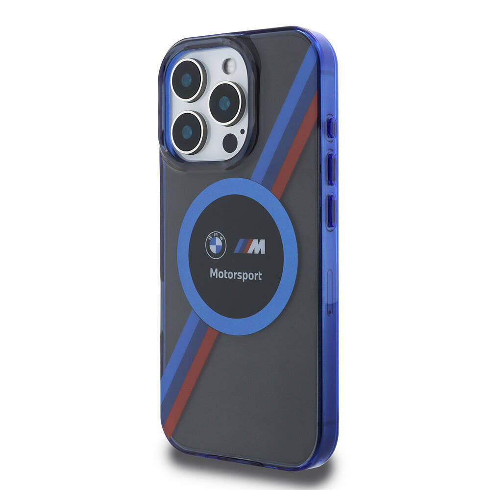 Apple iPhone 16 Pro Max Kılıf BMW Orjinal Lisanslı Magsafe Şarj Özellikli M Logolu Üç Renk Çizgili Motorsport Circle Kapak Lacivert