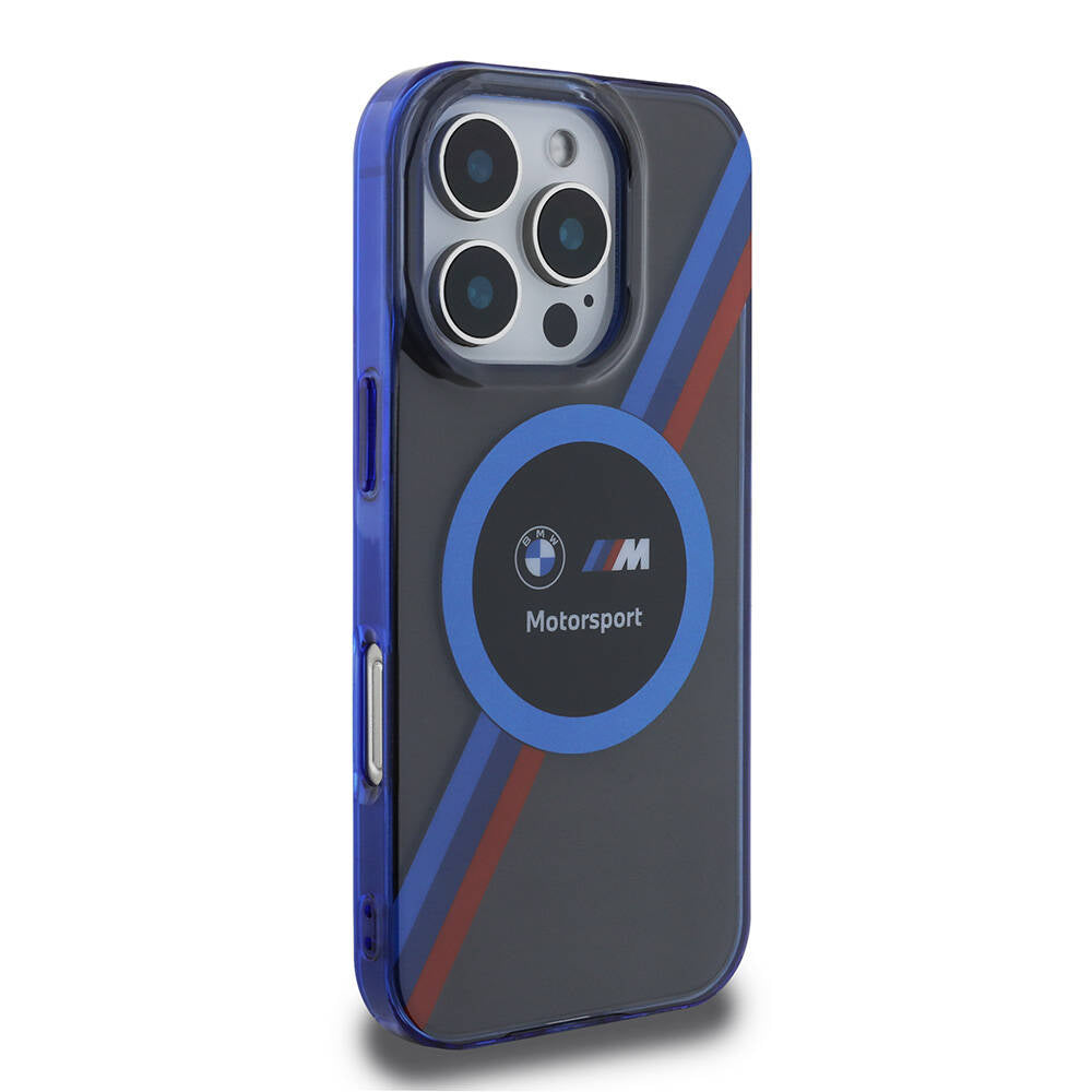 Apple iPhone 16 Pro Max Kılıf BMW Orjinal Lisanslı Magsafe Şarj Özellikli M Logolu Üç Renk Çizgili Motorsport Circle Kapak Lacivert