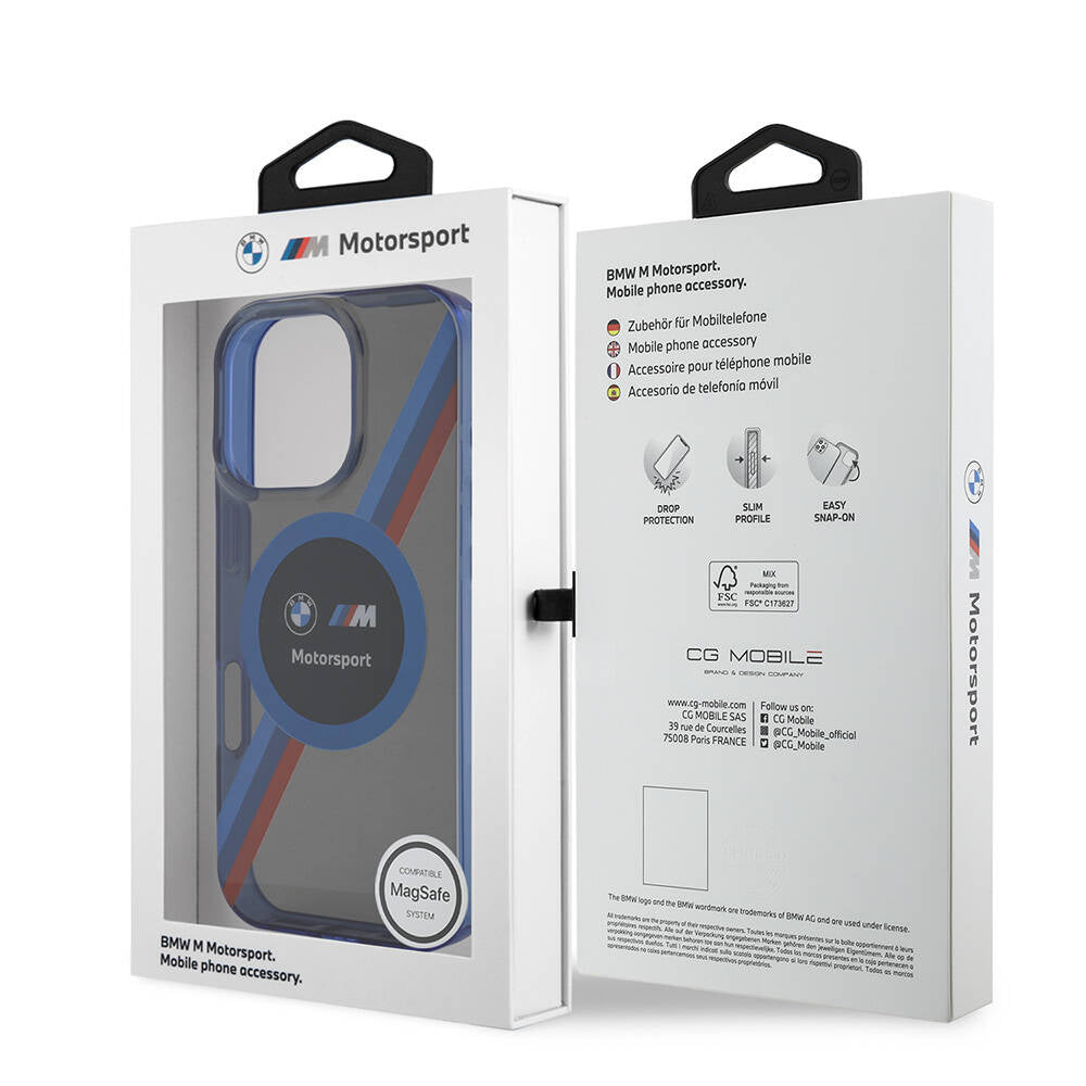 Apple iPhone 16 Pro Max Kılıf BMW Orjinal Lisanslı Magsafe Şarj Özellikli M Logolu Üç Renk Çizgili Motorsport Circle Kapak Lacivert