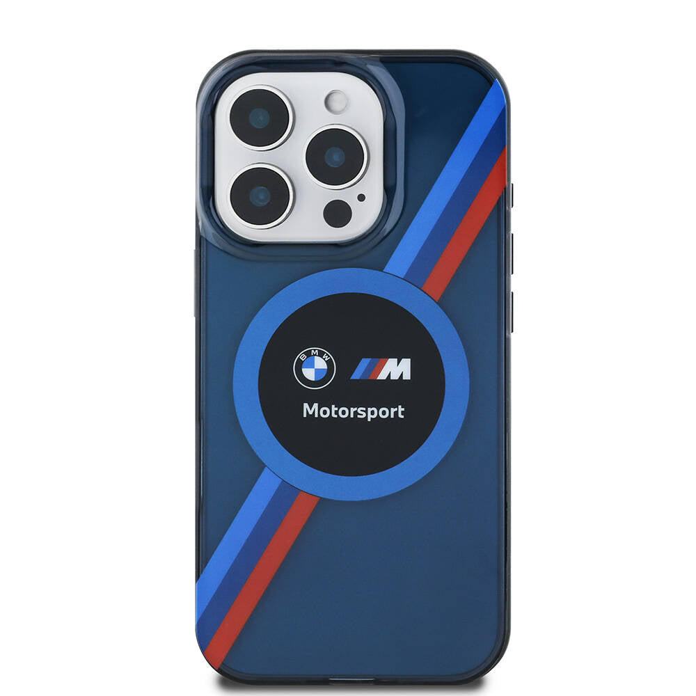 Apple iPhone 16 Pro Max Kılıf BMW Orjinal Lisanslı Magsafe Şarj Özellikli M Logolu Üç Renk Çizgili Motorsport Circle Kapak Şeffaf