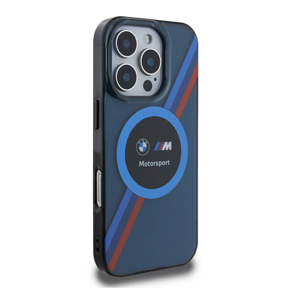 Apple iPhone 16 Pro Max Kılıf BMW Orjinal Lisanslı Magsafe Şarj Özellikli M Logolu Üç Renk Çizgili Motorsport Circle Kapak Lacivert