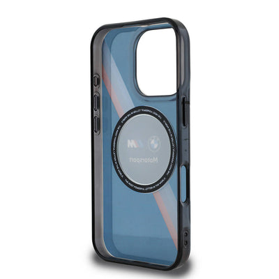 Apple iPhone 16 Pro Max Kılıf BMW Orjinal Lisanslı Magsafe Şarj Özellikli M Logolu Üç Renk Çizgili Motorsport Circle Kapak Şeffaf