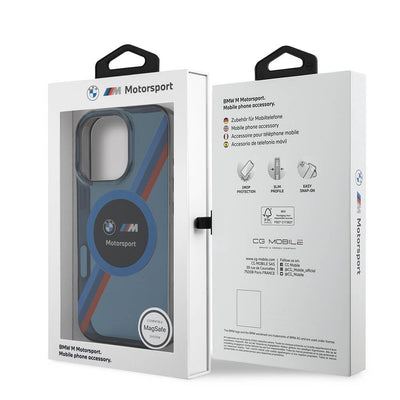 Apple iPhone 16 Pro Max Kılıf BMW Orjinal Lisanslı Magsafe Şarj Özellikli M Logolu Üç Renk Çizgili Motorsport Circle Kapak Şeffaf