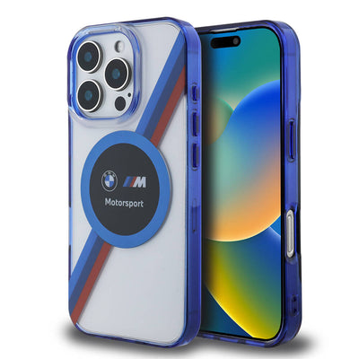 Apple iPhone 16 Pro Max Kılıf BMW Orjinal Lisanslı Magsafe Şarj Özellikli M Logolu Üç Renk Çizgili Motorsport Circle Kapak Siyah
