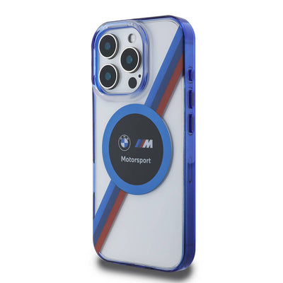 Apple iPhone 16 Pro Max Kılıf BMW Orjinal Lisanslı Magsafe Şarj Özellikli M Logolu Üç Renk Çizgili Motorsport Circle Kapak Şeffaf