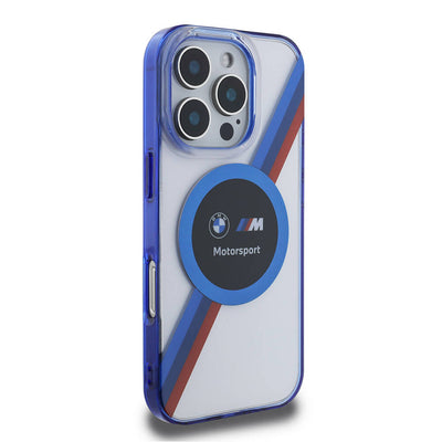 Apple iPhone 16 Pro Max Kılıf BMW Orjinal Lisanslı Magsafe Şarj Özellikli M Logolu Üç Renk Çizgili Motorsport Circle Kapak Şeffaf