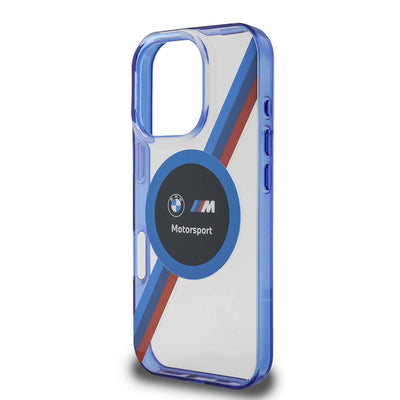 Apple iPhone 16 Pro Max Kılıf BMW Orjinal Lisanslı Magsafe Şarj Özellikli M Logolu Üç Renk Çizgili Motorsport Circle Kapak Şeffaf