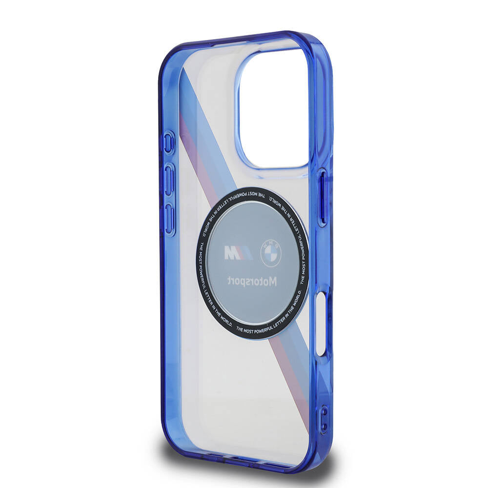 Apple iPhone 16 Pro Max Kılıf BMW Orjinal Lisanslı Magsafe Şarj Özellikli M Logolu Üç Renk Çizgili Motorsport Circle Kapak Şeffaf
