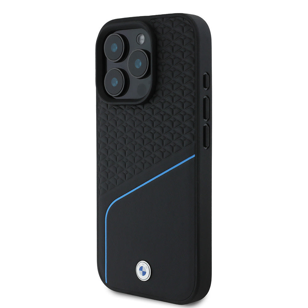 iPhone 16 Pro Max Kılıf BMW Orjinal Lisanslı M-safe Şarj Özellikli Metal Logolu Dokulu ve Çizgili Deri Kılıf