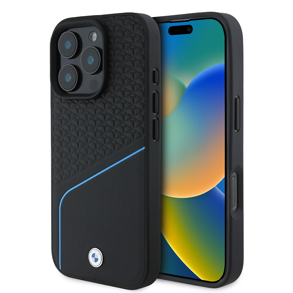 iPhone 16 Pro Max Kılıf BMW Orjinal Lisanslı M-safe Şarj Özellikli Metal Logolu Dokulu ve Çizgili Deri Kılıf