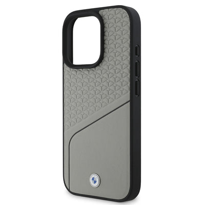 Apple iPhone 16 Pro Max Kılıf BMW Orjinal Lisanslı Magsafe Şarj Özellikli Metal Logolu Dokulu ve Çizgili Deri Kapak Gri