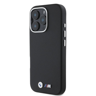 Apple iPhone 16 Pro Max Kılıf BMW Orjinal Lisanslı Tam Sarılmış Kevlar Tasarımlı Metal Logo Suni Deri Kapak Siyah