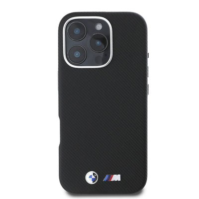 Apple iPhone 16 Pro Max Kılıf BMW Orjinal Lisanslı Tam Sarılmış Kevlar Tasarımlı Metal Logo Suni Deri Kapak Siyah