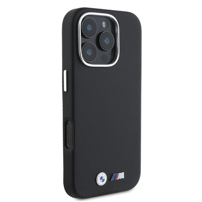 Apple iPhone 16 Pro Max Kılıf BMW Orjinal Lisanslı Tam Sarılmış Kevlar Tasarımlı Metal Logo Suni Deri Kapak Siyah