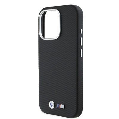 Apple iPhone 16 Pro Max Kılıf BMW Orjinal Lisanslı Tam Sarılmış Kevlar Tasarımlı Metal Logo Suni Deri Kapak Siyah