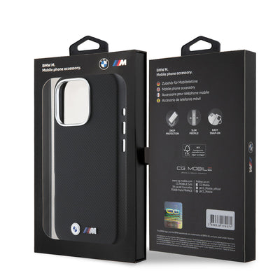 Apple iPhone 16 Pro Max Kılıf BMW Orjinal Lisanslı Tam Sarılmış Kevlar Tasarımlı Metal Logo Suni Deri Kapak Siyah