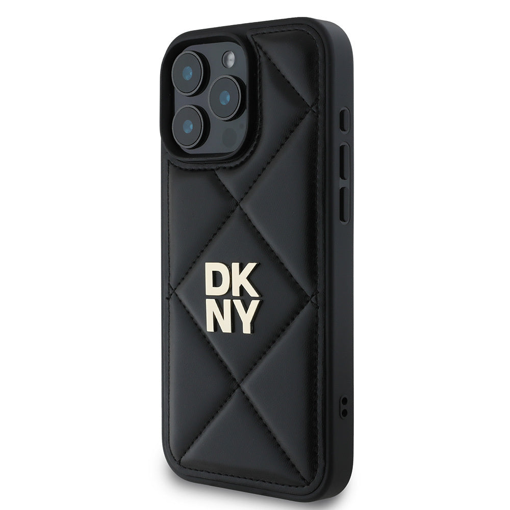 Apple iPhone 16 Pro Max Kılıf DKNY Orjinal Lisanslı Kapitone Tasarımlı Metal Logolu Deri Kapak Siyah