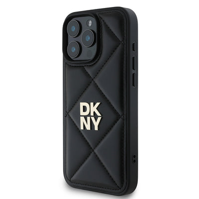 Apple iPhone 16 Pro Max Kılıf DKNY Orjinal Lisanslı Kapitone Tasarımlı Metal Logolu Deri Kapak Siyah