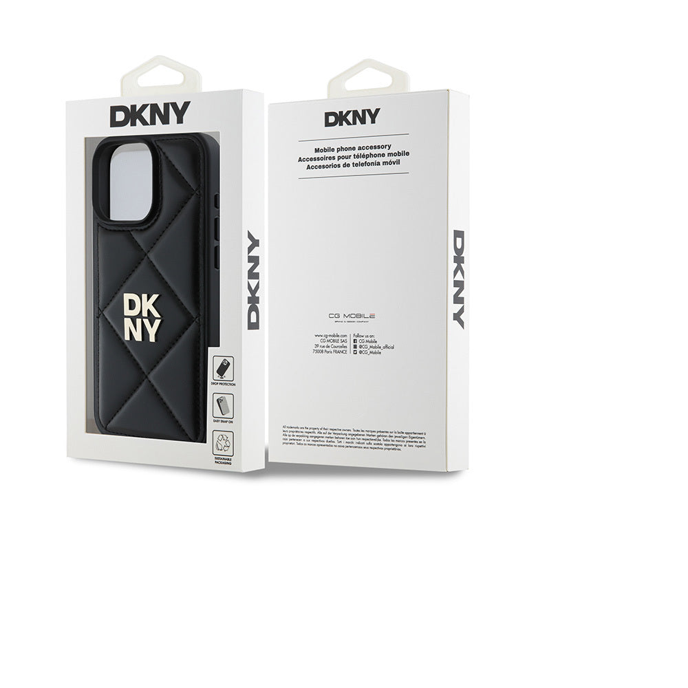 Apple iPhone 16 Pro Max Kılıf DKNY Orjinal Lisanslı Kapitone Tasarımlı Metal Logolu Deri Kapak Siyah