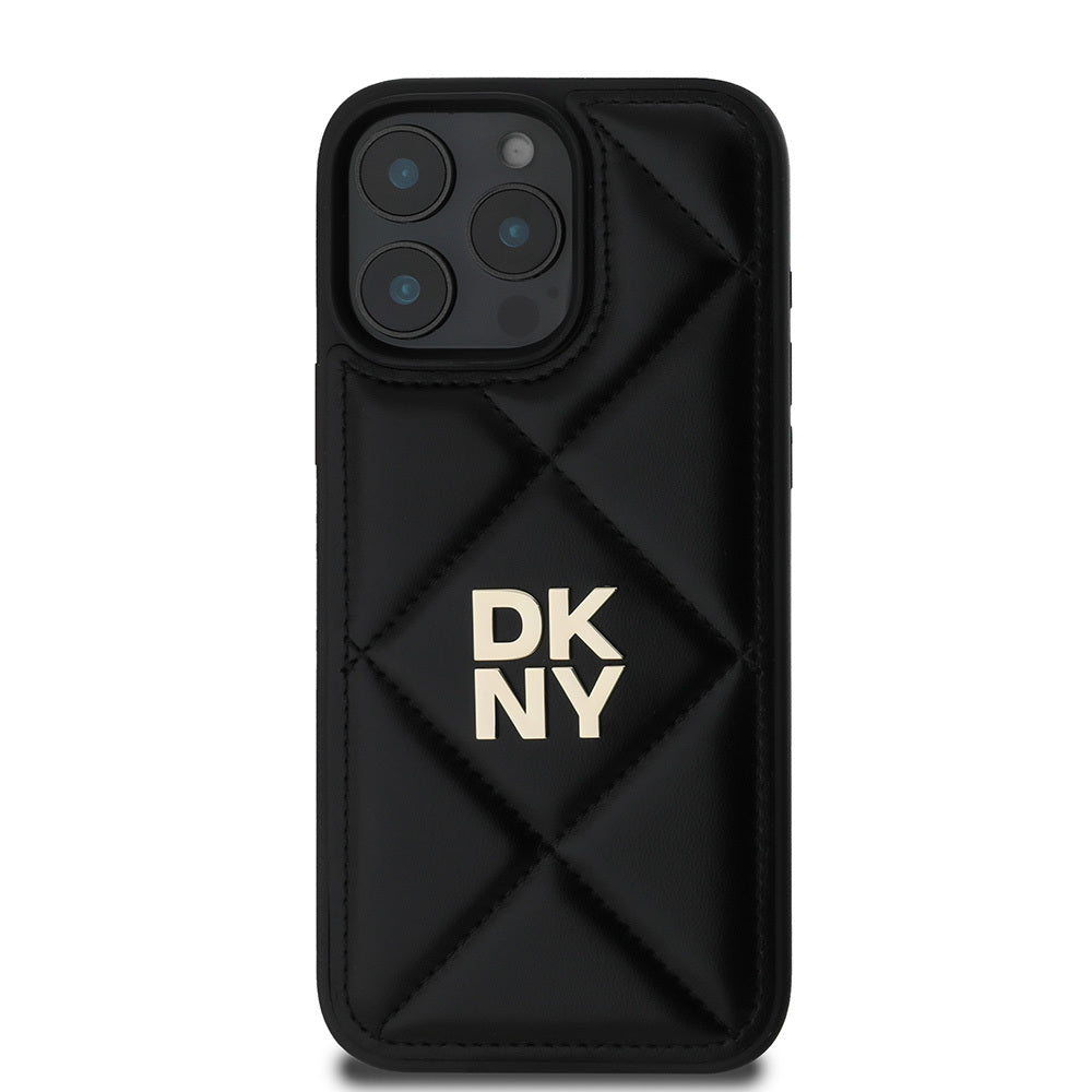 Apple iPhone 16 Pro Max Kılıf DKNY Orjinal Lisanslı Kapitone Tasarımlı Metal Logolu Deri Kapak Siyah
