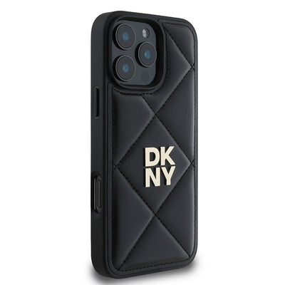 Apple iPhone 16 Pro Max Kılıf DKNY Orjinal Lisanslı Kapitone Tasarımlı Metal Logolu Deri Kapak Siyah