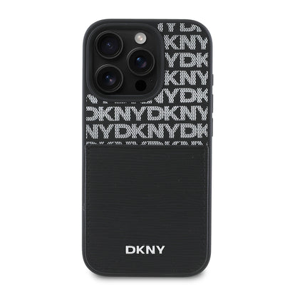 Apple iPhone 16 Pro Max Kılıf DKNY Orjinal Lisanslı Kartlıklı 3D Yazılı Repeat Texture Pattern Kapak Siyah