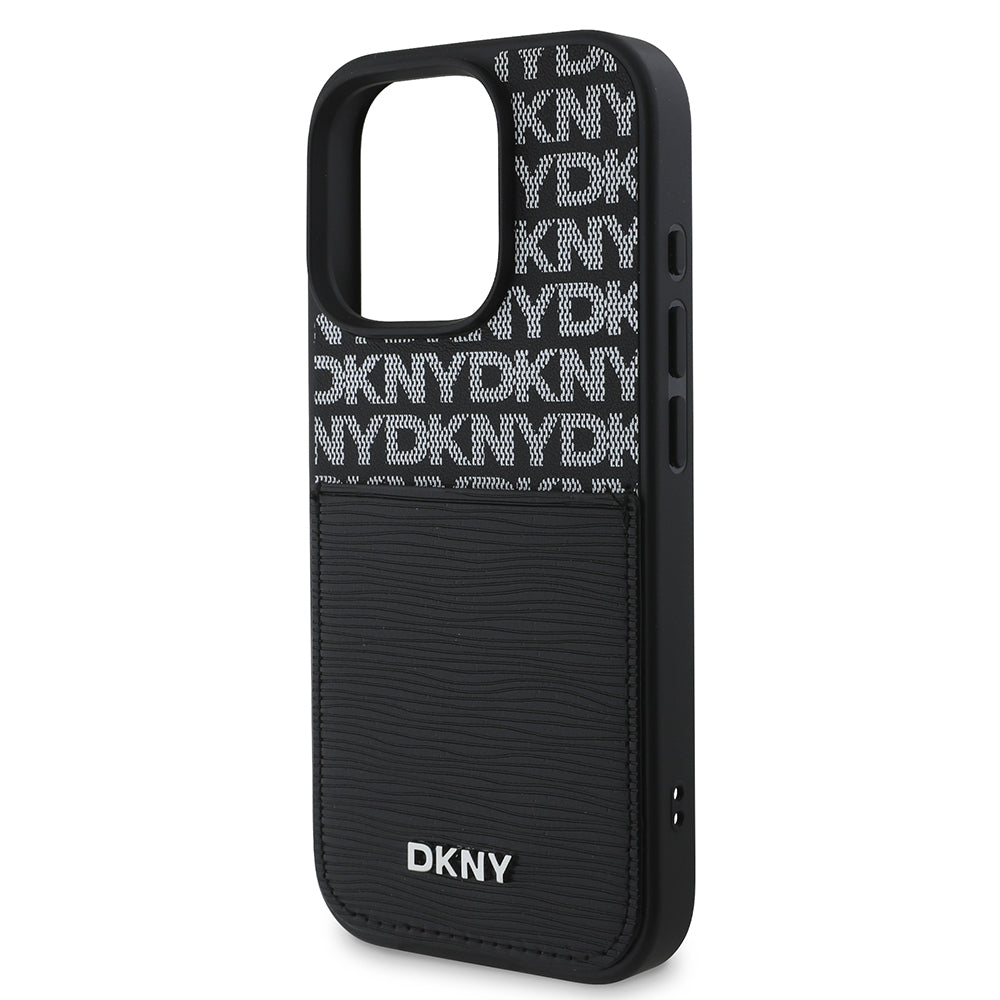 Apple iPhone 16 Pro Max Kılıf DKNY Orjinal Lisanslı Kartlıklı 3D Yazılı Repeat Texture Pattern Kapak Siyah