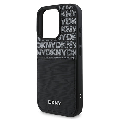 Apple iPhone 16 Pro Max Kılıf DKNY Orjinal Lisanslı Kartlıklı 3D Yazılı Repeat Texture Pattern Kapak Siyah