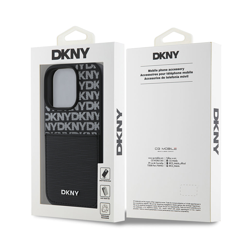 Apple iPhone 16 Pro Max Kılıf DKNY Orjinal Lisanslı Kartlıklı 3D Yazılı Repeat Texture Pattern Kapak Siyah